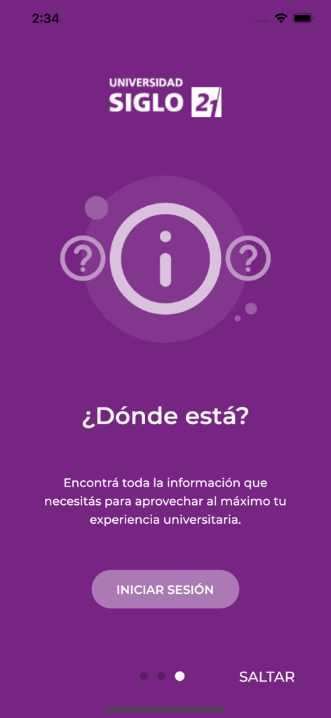 Pantalla de bienvenida de la app móvil Universidad Siglo 21 con un botón de inicio de sesión