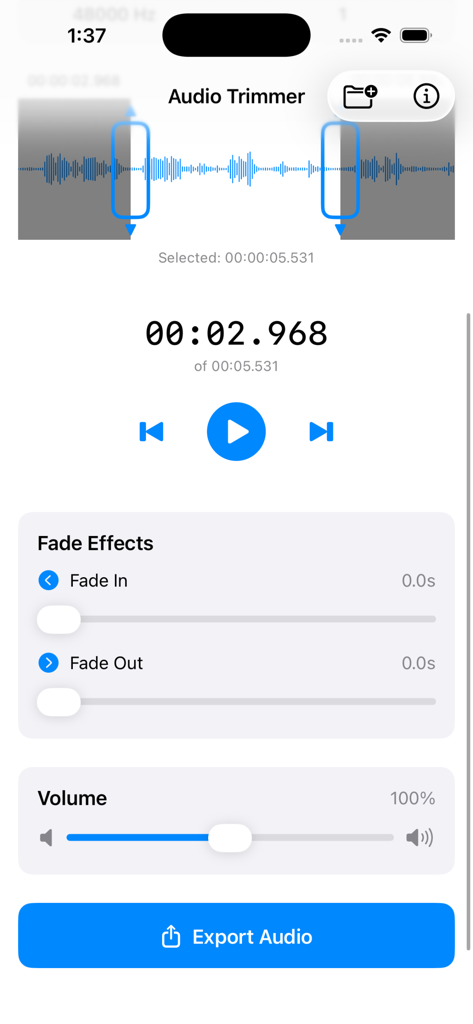 Audio Trimmer Plus - Screenshot of Audio Trimmer Plus app showing audio editing tools and waveform visualization