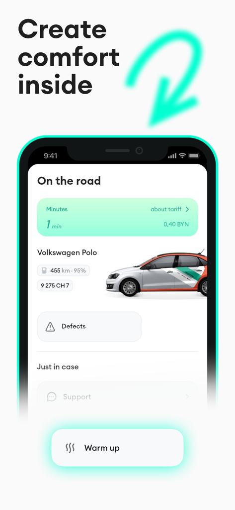 폭스바겐 폴로와 원격 차량 예열 기능이 표시된 Anytime 카셰어링 앱 인터페이스.