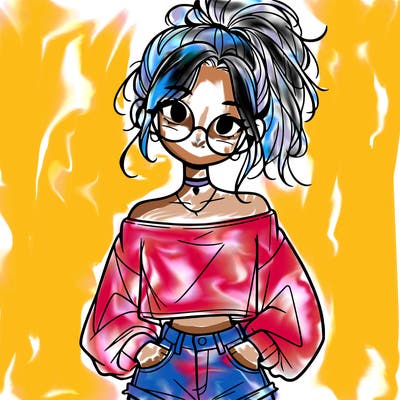 girl with a messy ponytail glasses a baggy crop top and jean shorts