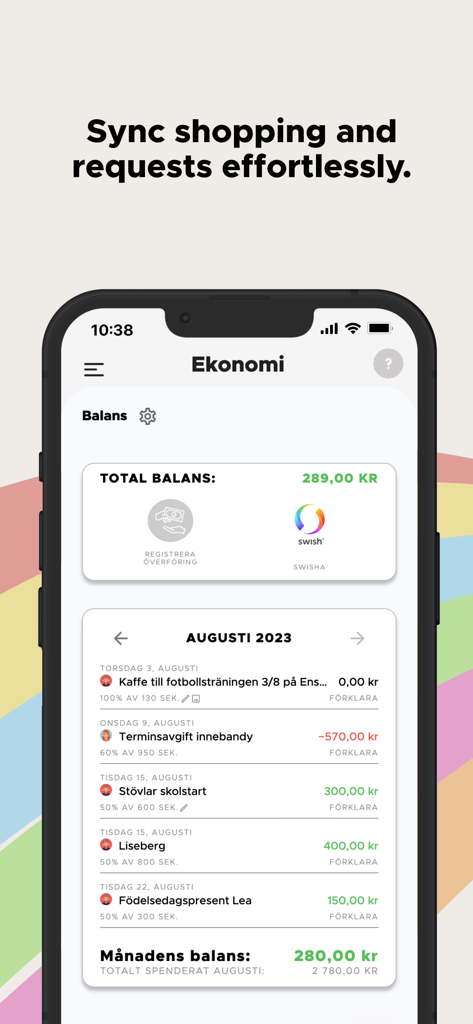 Smartphone-Bildschirm, der die Funktion zur Ausgabenverfolgung der Co-Parenting-App mit einer Liste gemeinsamer elterlicher Kosten anzeigt