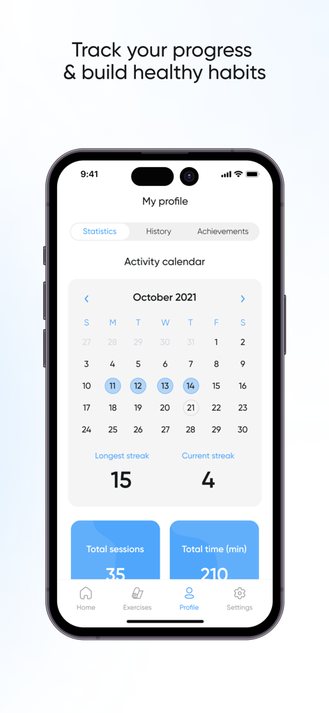 Stretch Zone and Flexibility - Mobile app interface showing activity calendar and stretching workout statistics.