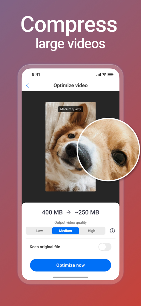 Interfaz de la aplicación CCleaner que muestra la compresión de video para ahorrar espacio de almacenamiento del iPhone