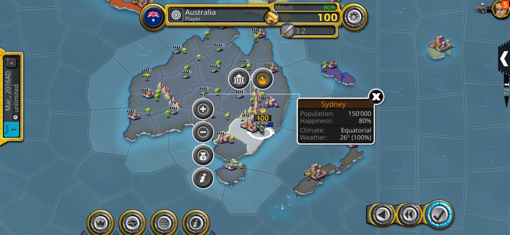 Capture d'écran du jeu Age of Conquest IV montrant une carte stratégique de l'Australie et les statistiques de la ville de Sydney.