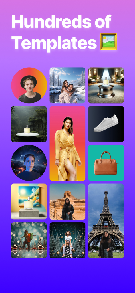 PhotoBox - AI Photo Editor - A grid showcasing various AI photo editing templates for portraits and product photography