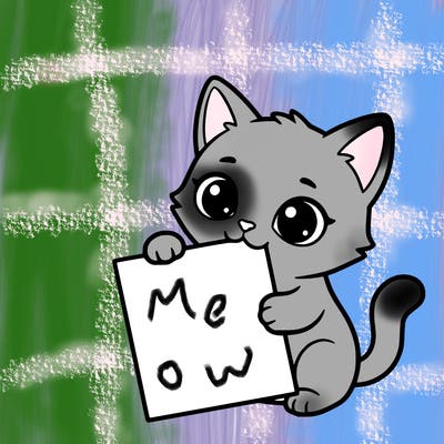 a small cat with a blank sheet of paper in its hand. the cat is sooooooo cute!