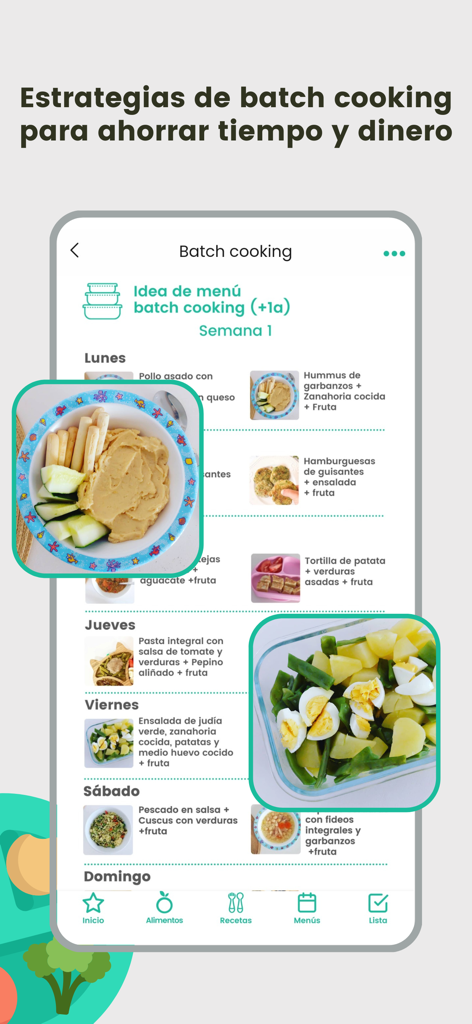BLW Ideas Recetas Bebés - Plan de comidas semanales para preparar por lotes para bebés en la app BLW Ideas en español