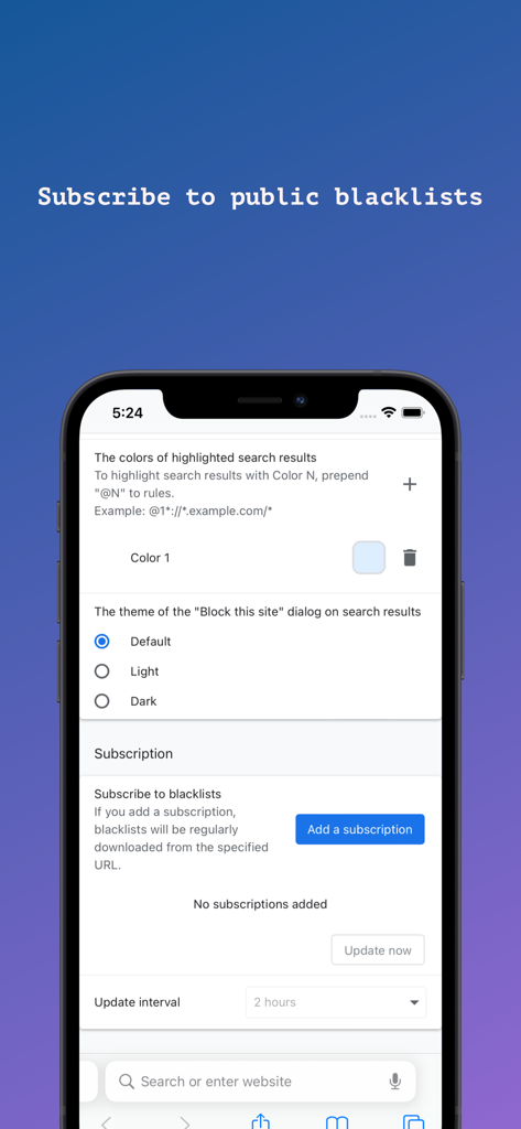 uBlacklist for Safari - uBlacklist for Safariの設定画面。公開ブラックリストの購読やテーマ選択のオプションが表示されています。