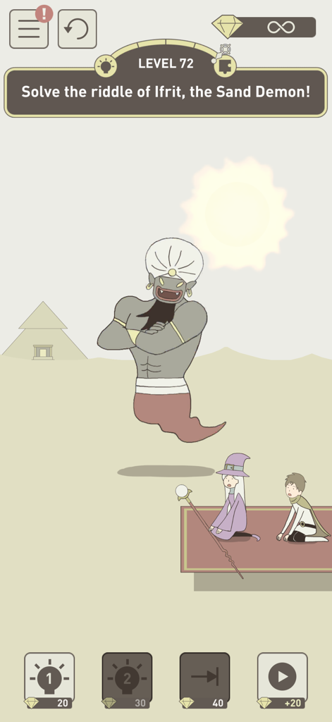 IQ Dungeon 2: Inherited Light - Puzzle level in IQ Dungeon 2 featuring the Sand Demon Ifrit and characters on a flying carpet