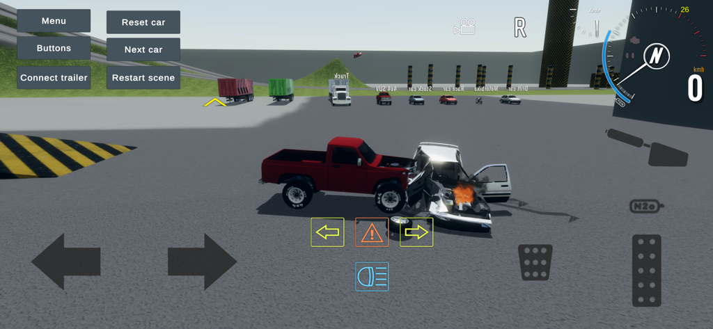 Car Crash Simulator Sandbox 3D - A red pickup truck colliding with a white car in a realistic 3D crash simulation environment with on-screen controls