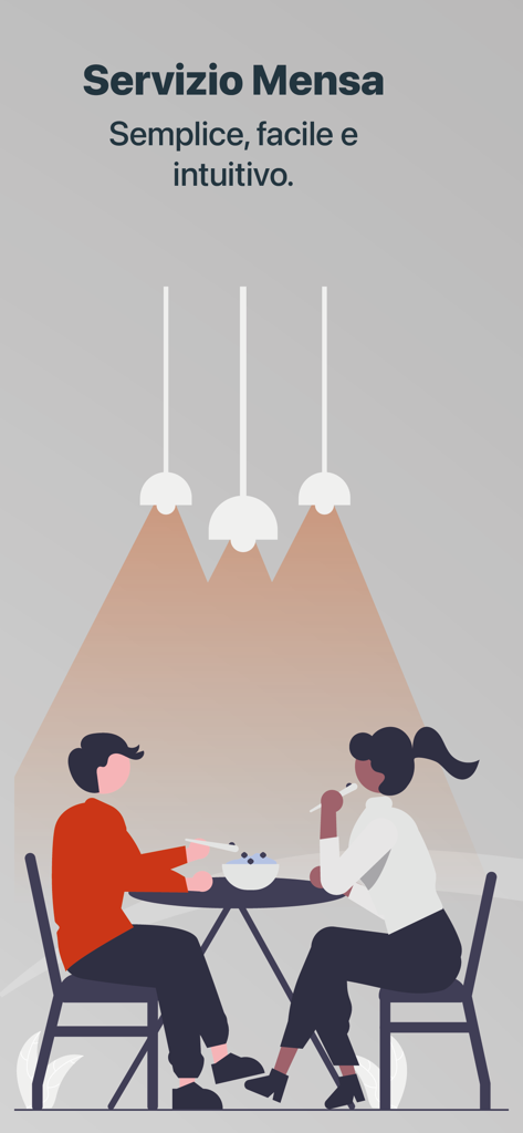 MyDSU - Vector illustration of two students eating at a university dining hall with text describing the service as simple and intuitive