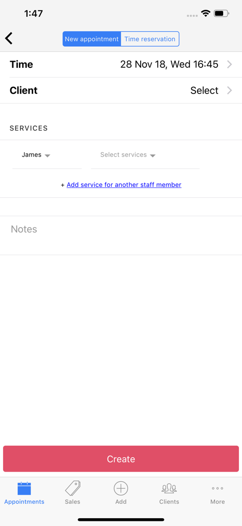 Benutzeroberfläche der SalonAppy-App für die Erstellung eines neuen Termins mit Feldern für Zeit, Kunde und Dienstleistungen.