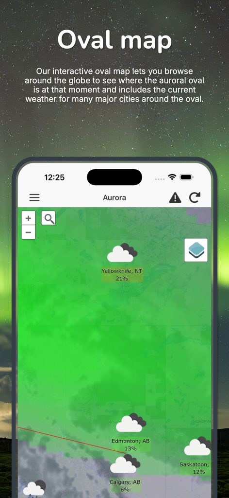 Interactive auroral oval map showing visibility percentages and cloud cover for cities like Yellowknife and Edmonton.