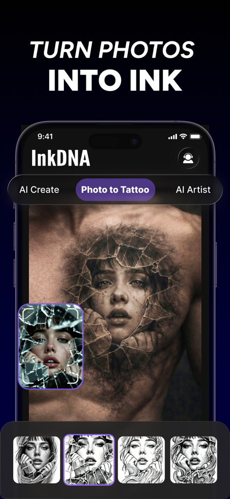 InkDNAアプリインターフェースがポートレート写真をカスタムAIタトゥーデザインに変換