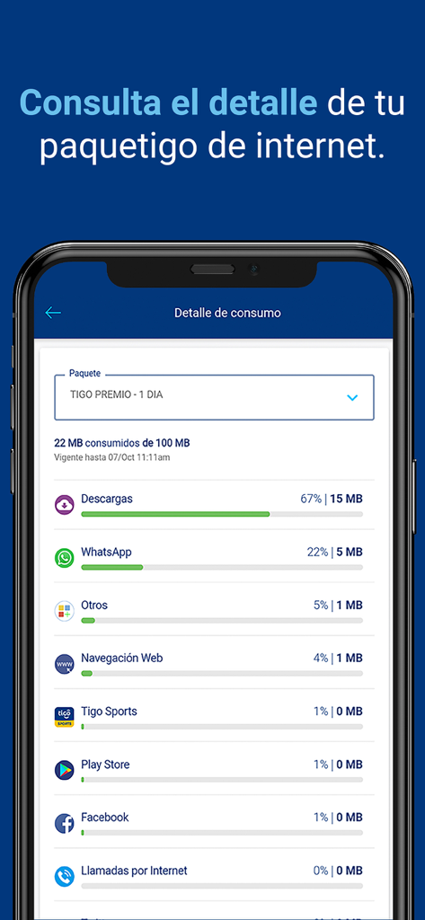Tigo en Línea - Interfaz de la aplicación Tigo en Línea mostrando un desglose detallado del uso de datos de internet por aplicaciones como WhatsApp y Facebook
