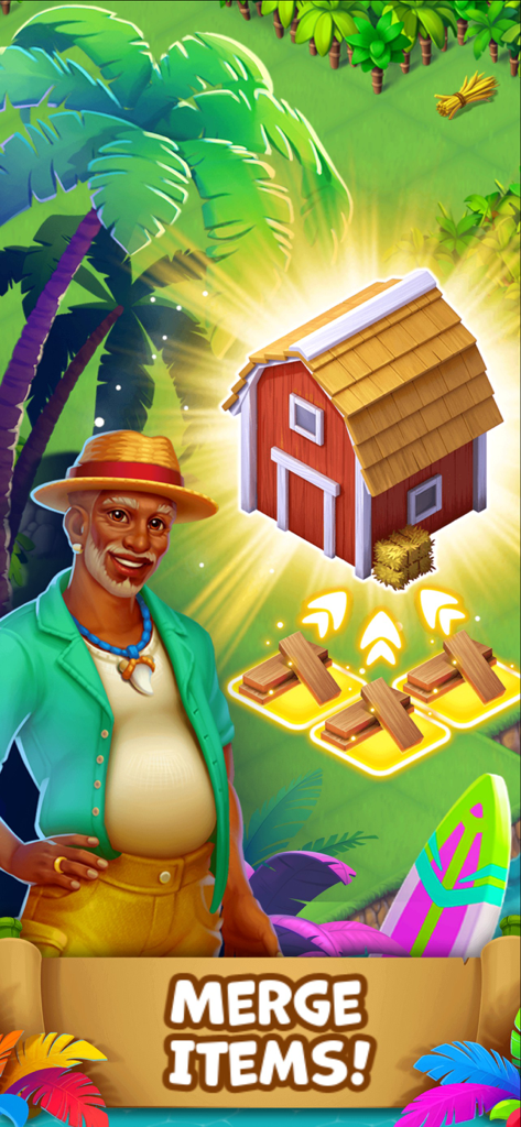 Tropical Merge - A character on a tropical island merging wood planks to build a red farm barn in the Tropical Merge game.