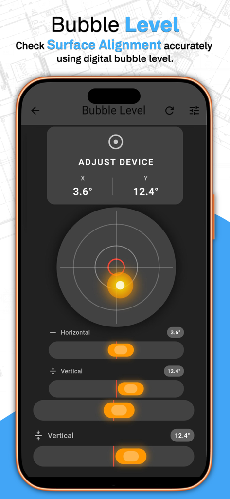 Floor Plan Designer: Home Map - Recurso de nível de bolha digital no aplicativo Designer de Plantas Baixas para verificar o alinhamento da superfície