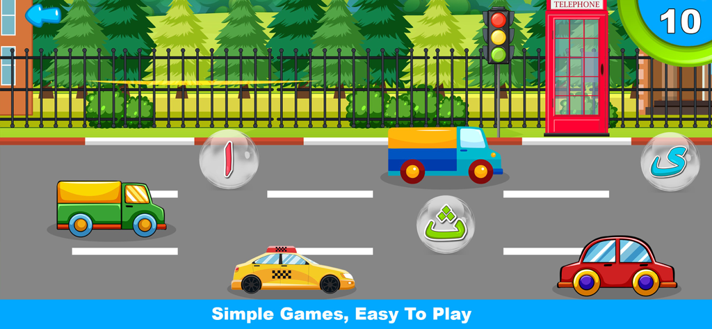 Learn Arabic Alphabet: Games - A childrens educational game screen showing cars on a street with floating Arabic letters in bubbles to collect
