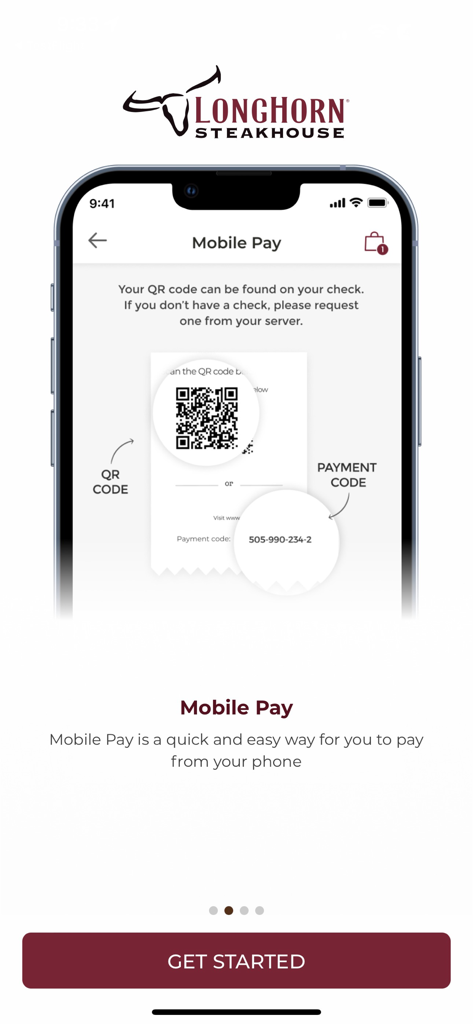 LongHorn Steakhouse® - LongHorn Steakhouse app Mobile Pay screen showing QR code and payment code options