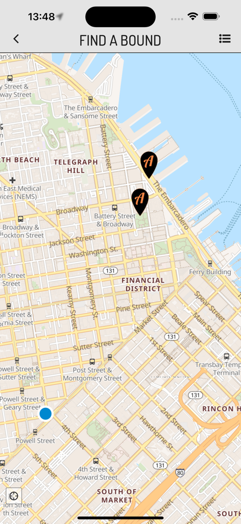 Actionbound - Map view in the Actionbound app showing scavenger hunt locations in San Francisco