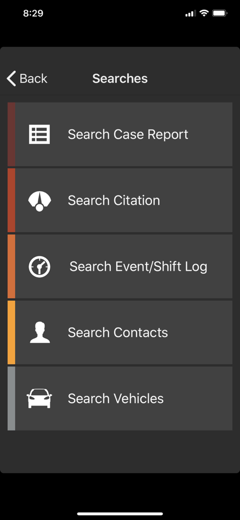 Interfaccia del menu di ricerca del software mobile Omnigo con opzioni per rapporti caso, sanzioni, log eventi, contatti e veicoli.