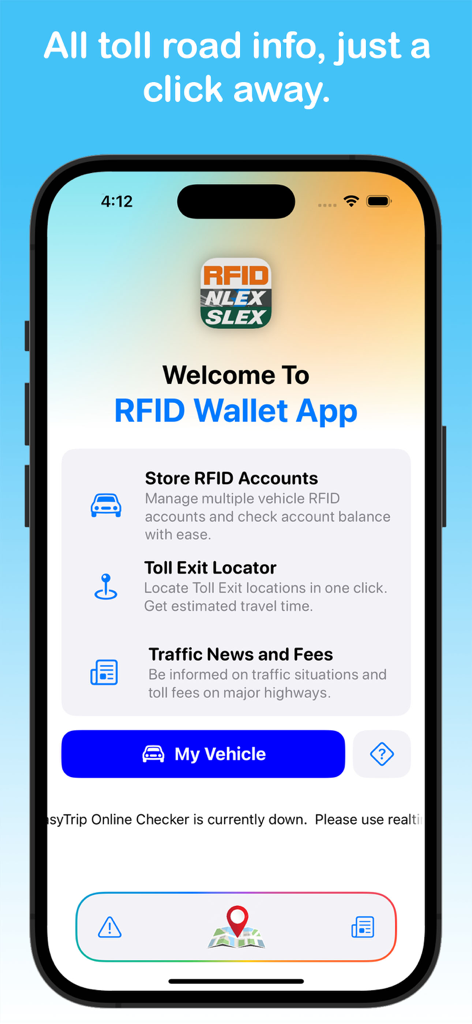 RFID Wallet EasyTrip AutoSweep - Welcome screen of the RFID Wallet App showing features for managing toll accounts and traffic information