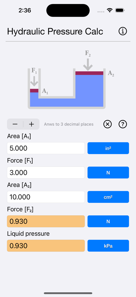 Hydraulic Pressure Calculator - Hydraulic Pressure Calculator app interface with a piston diagram and fields for force and area calculations