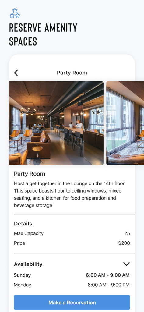 Resident Experience - Interface de l'application Expérience Résidentielle montrant les détails et un bouton de réservation pour une salle de fête communautaire.