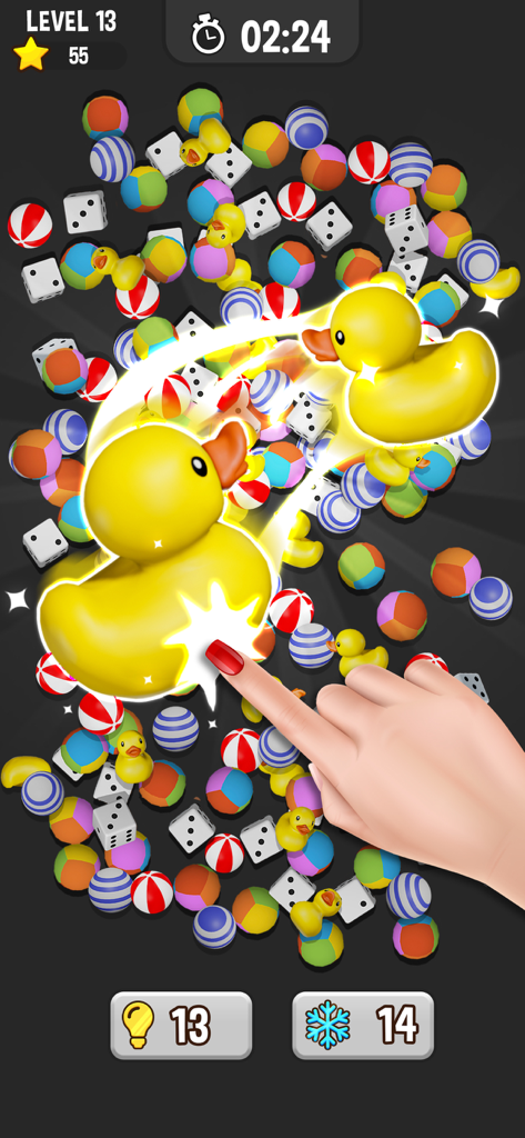 Match Pair 3D - Matching Game - Gameplay of Match Pair 3D showing a player matching two yellow rubber ducks among various 3D objects