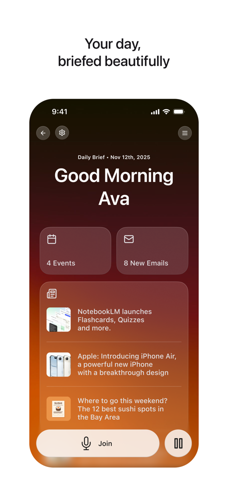 Smartphone display showing Huxe AI personalized daily brief with calendar events emails and news snippets