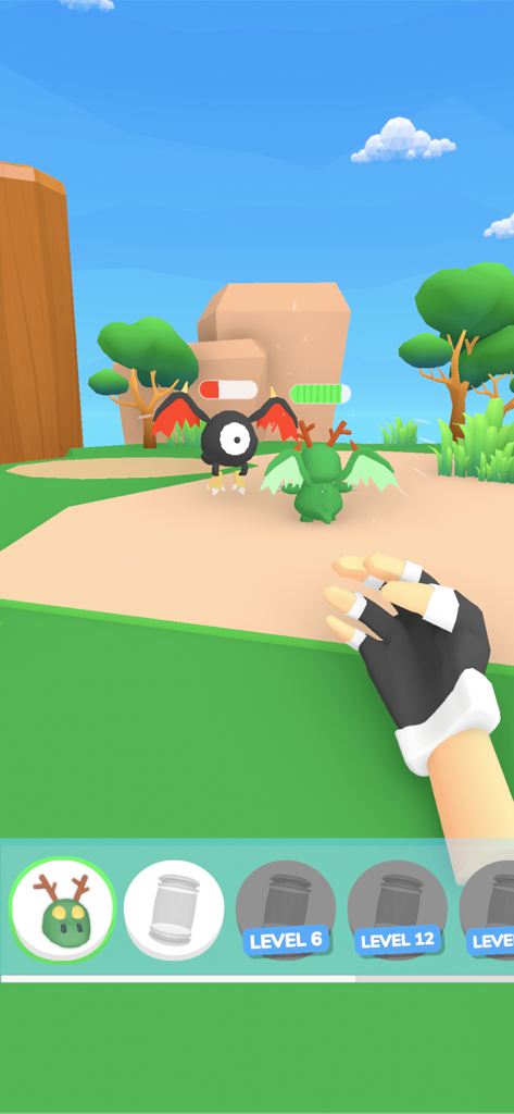 Monster Box! - モンスターボックスのモンスターバトルの一人称視点。モンスターに体力バーと捕獲アイテムが表示されている。