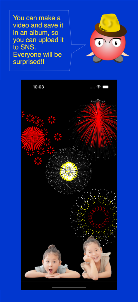 Let's start fireworks festival - A screen showing custom fireworks over a photo background with social media sharing instructions