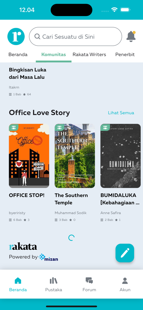 Rakata - Interfaz de la aplicación móvil Rakata que muestra una lista de libros de romance de oficina y un menú de navegación de la comunidad.