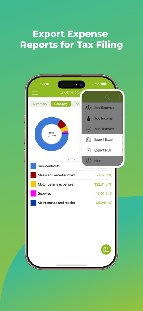 Foreceipt Receipt Tracker App - Pantalla de smartphone que muestra los informes de gastos de la aplicación Foreceipt con opciones de exportación para Excel y PDF