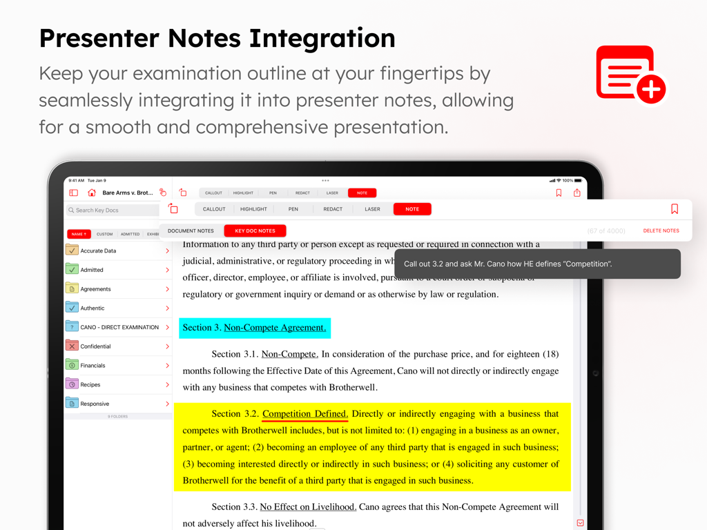 TrialPad - Trial Presentation - TrialPad interface displaying a legal document with highlights and a presenter note for courtroom examination.