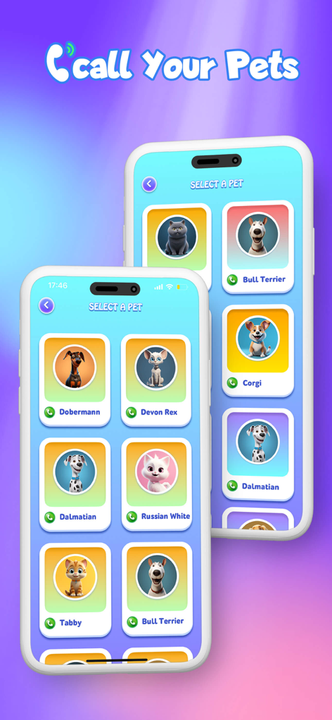 Interface of PawsTalk app showing a list of cat and dog breeds to select for the pet calling feature
