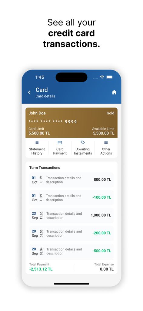 iktisatbank - Pantalla de la aplicación de banca móvil de Iktisatbank que muestra los detalles de la tarjeta de crédito y el historial de transacciones recientes en Lira Turca.