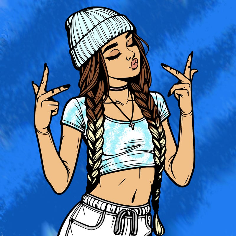 realistic teenage girl with braids and a beanie and crop top doing 🫶🏼