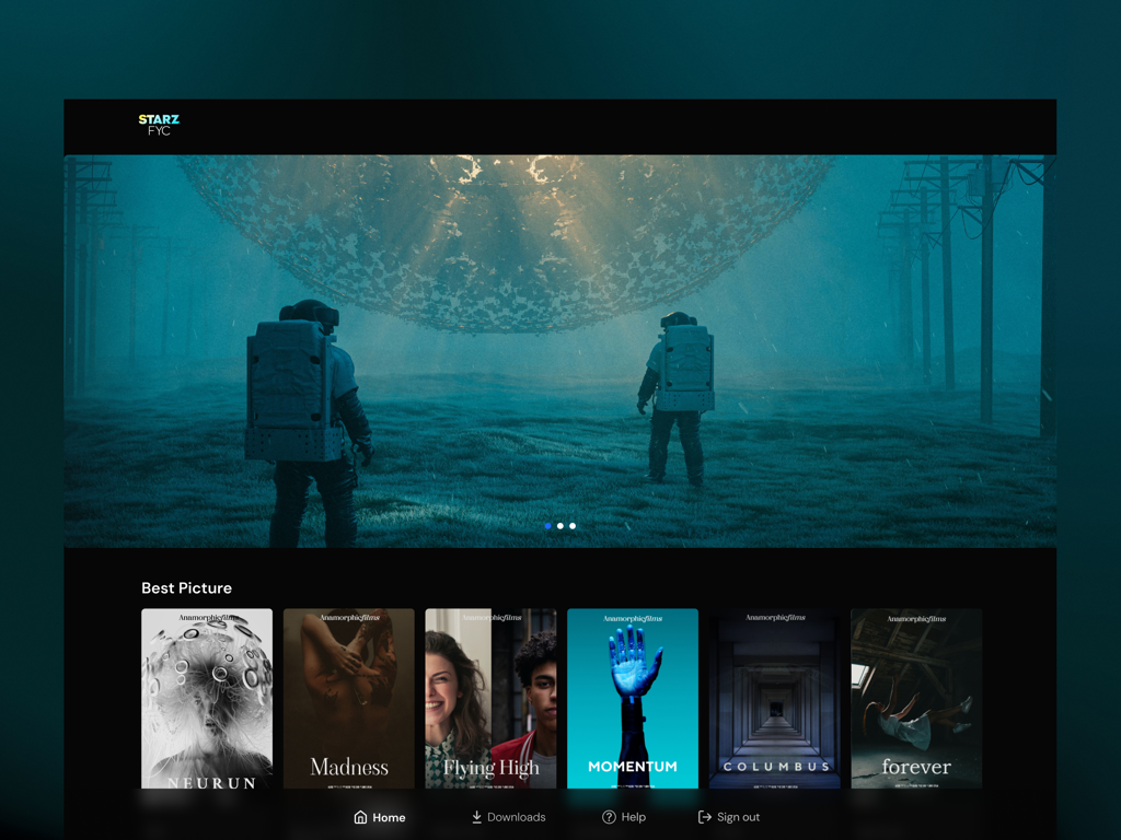 Home screen of STARZ FYC app displaying the Best Picture category with a selection of film titles for industry voters