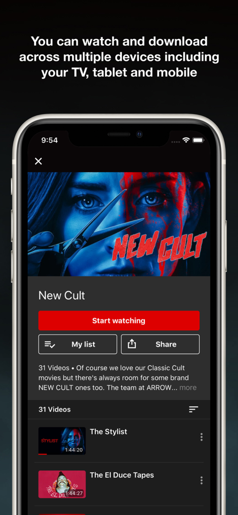 ARROW Player - Aplicativo ARROW Player em um dispositivo móvel mostrando a coleção de filmes New Cult e opções de streaming