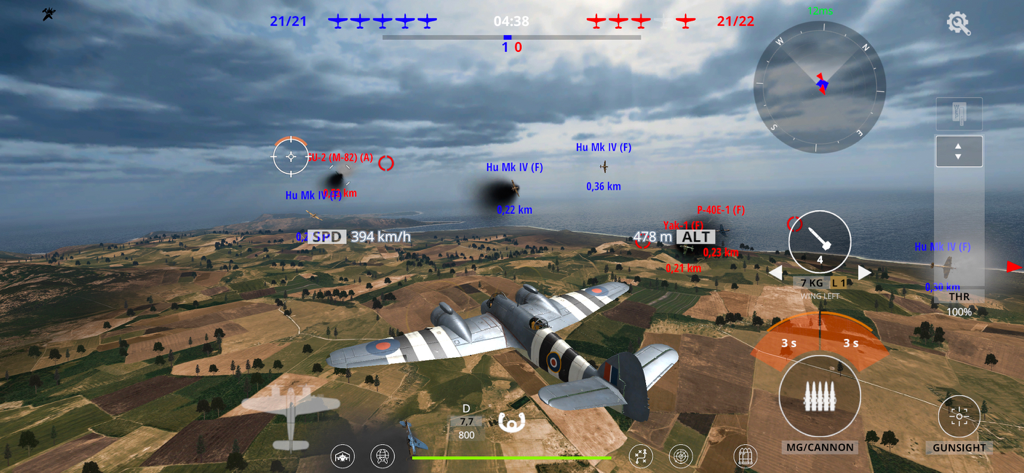 Wings of Heroes: WW2 Planes - Captura de pantalla del juego Wings of Heroes mostrando un bombardero de la Segunda Guerra Mundial volando sobre un paisaje rural con indicadores de vuelo e interfaz de usuario.