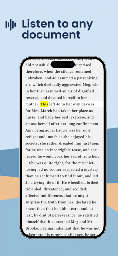 Voice Dream - Natural Reader - Un smartphone mostrando la aplicación Voice Dream leyendo texto con resaltado de palabras sincronizado y el titular Escucha cualquier documento.