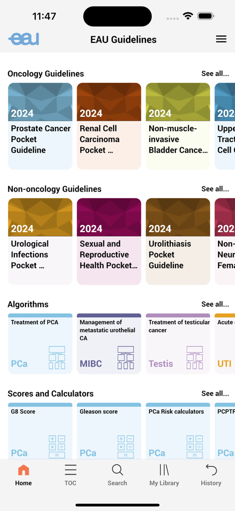 Pantalla de inicio de la aplicación EAU Guidelines mostrando directrices de oncología y no oncología, algoritmos clínicos y calculadoras médicas.