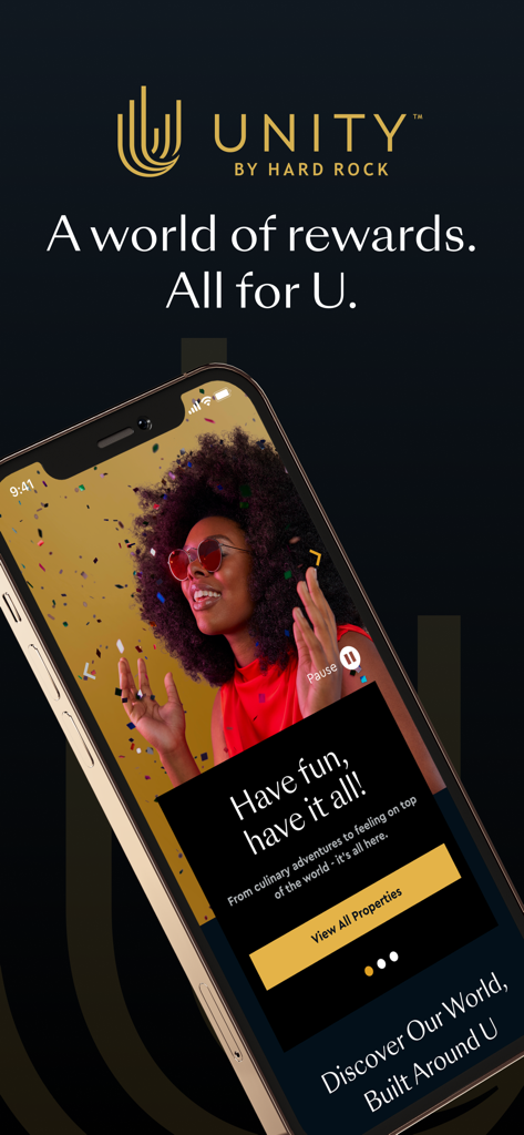 Unity by Hard Rock app welcome screen showing loyalty rewards program