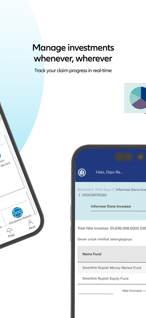 Allianz eAZy connect - Allianz eAZy connect mobile app interface for tracking investments and claims.