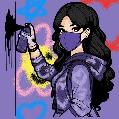 realistic girl with mask spray painting a wall