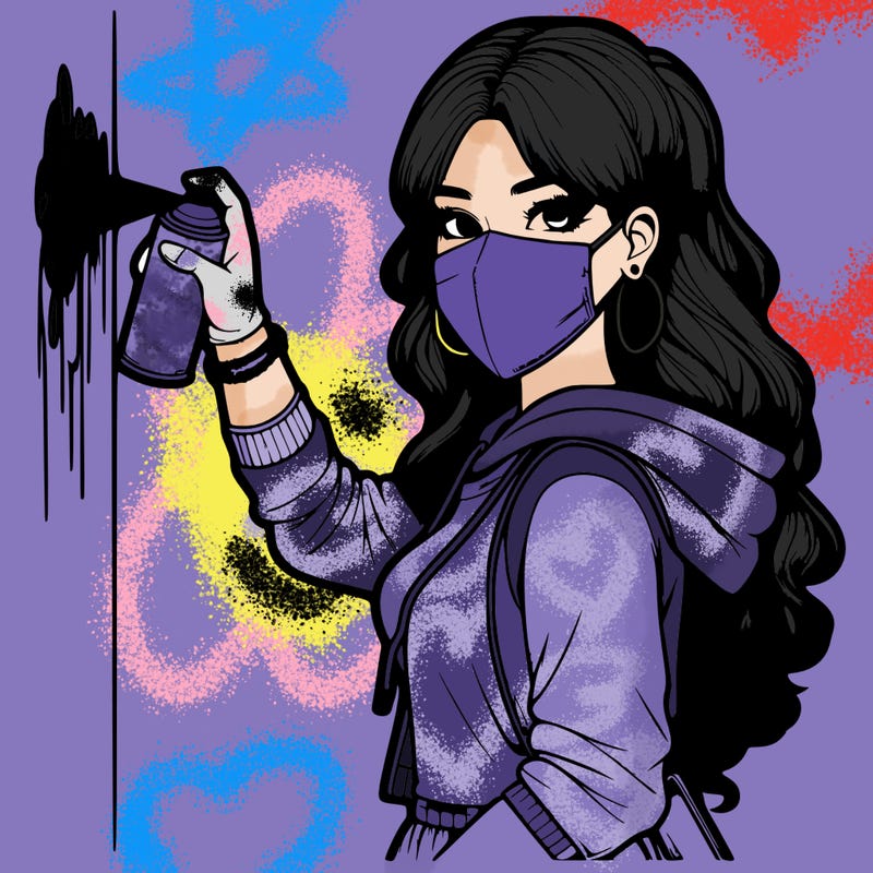 realistic girl with mask spray painting a wall