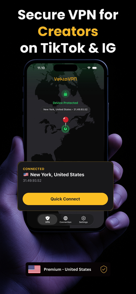 US VPN: VektaVPN - Interfaz de la app VektaVPN mostrando una conexión segura en EE. UU. para creadores de TikTok e Instagram