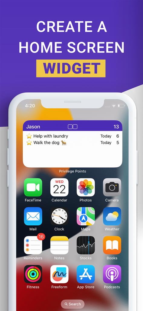iPhone home screen showing a chore list widget for a child with point rewards