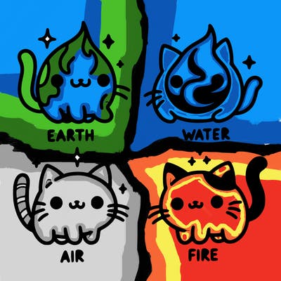 4 cats that represent the different elements, earth, water, air, and fire